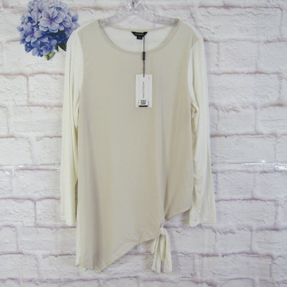 Haoduoyi Beige Ivory Mixed Media Asymmetrical Hem Side Tie Tunic Top Size XXL